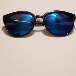 Black sunglasses with blue reflective lenses